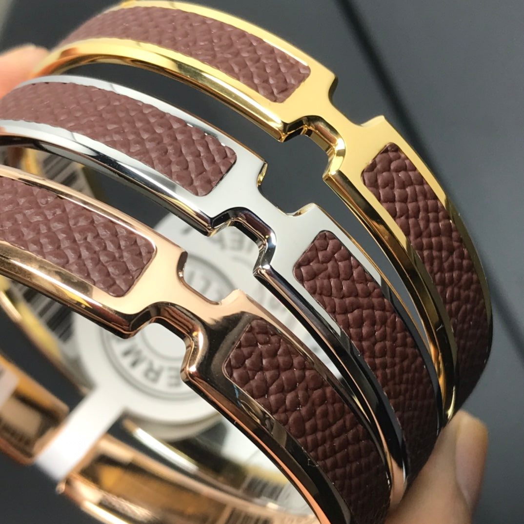 Hermes H Pig Nose Brown Bracelet - Silver, Gold, Pink Gold