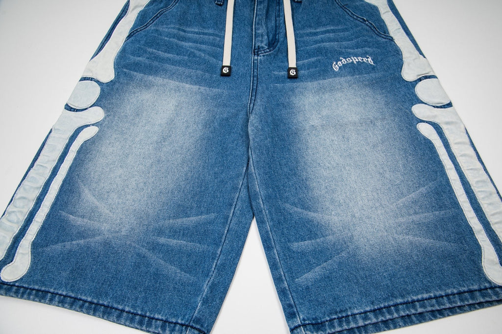 Godspeed Bone Applique Denim Shorts — detail