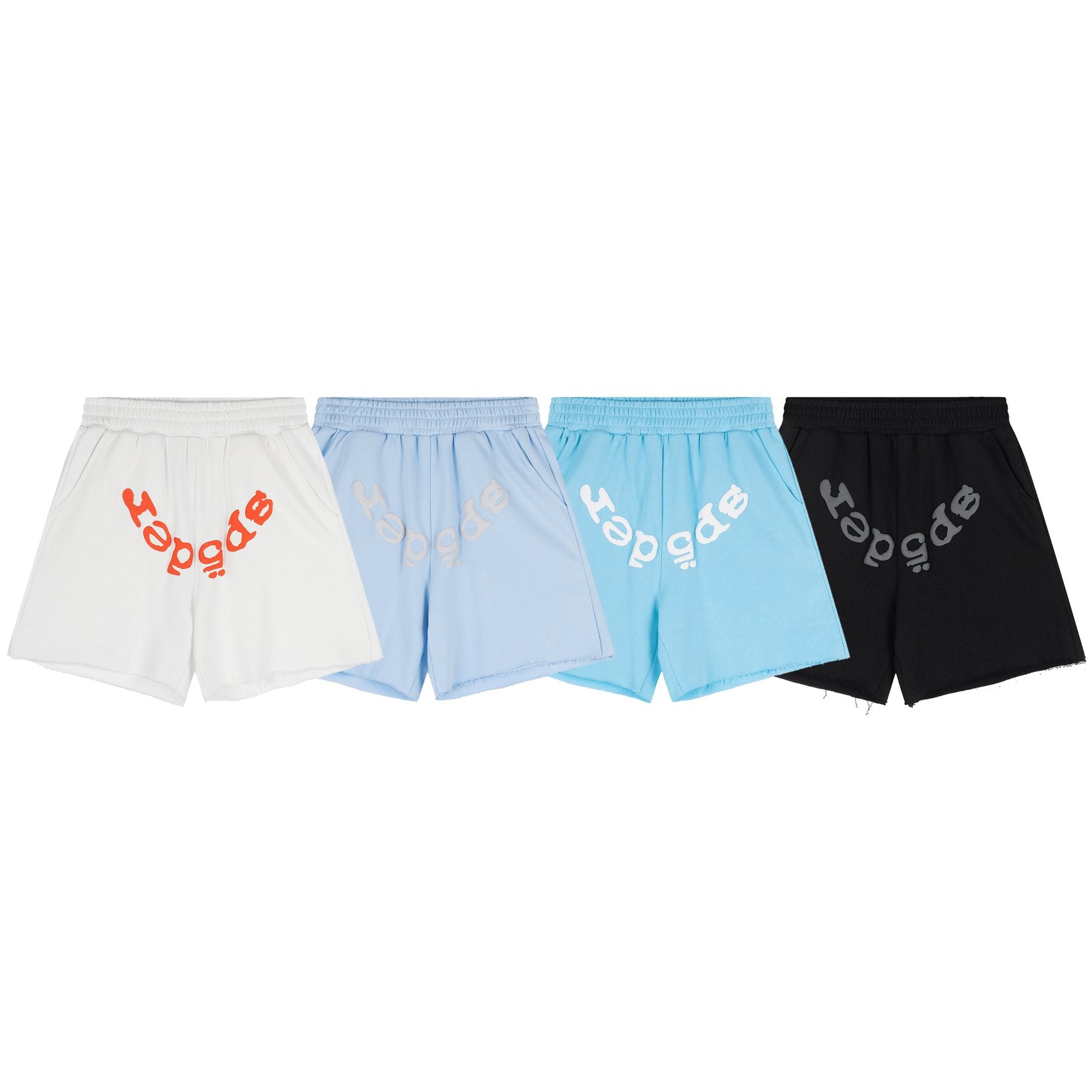 Sp5der Raised Graphic Raw Hem Shorts — comparison