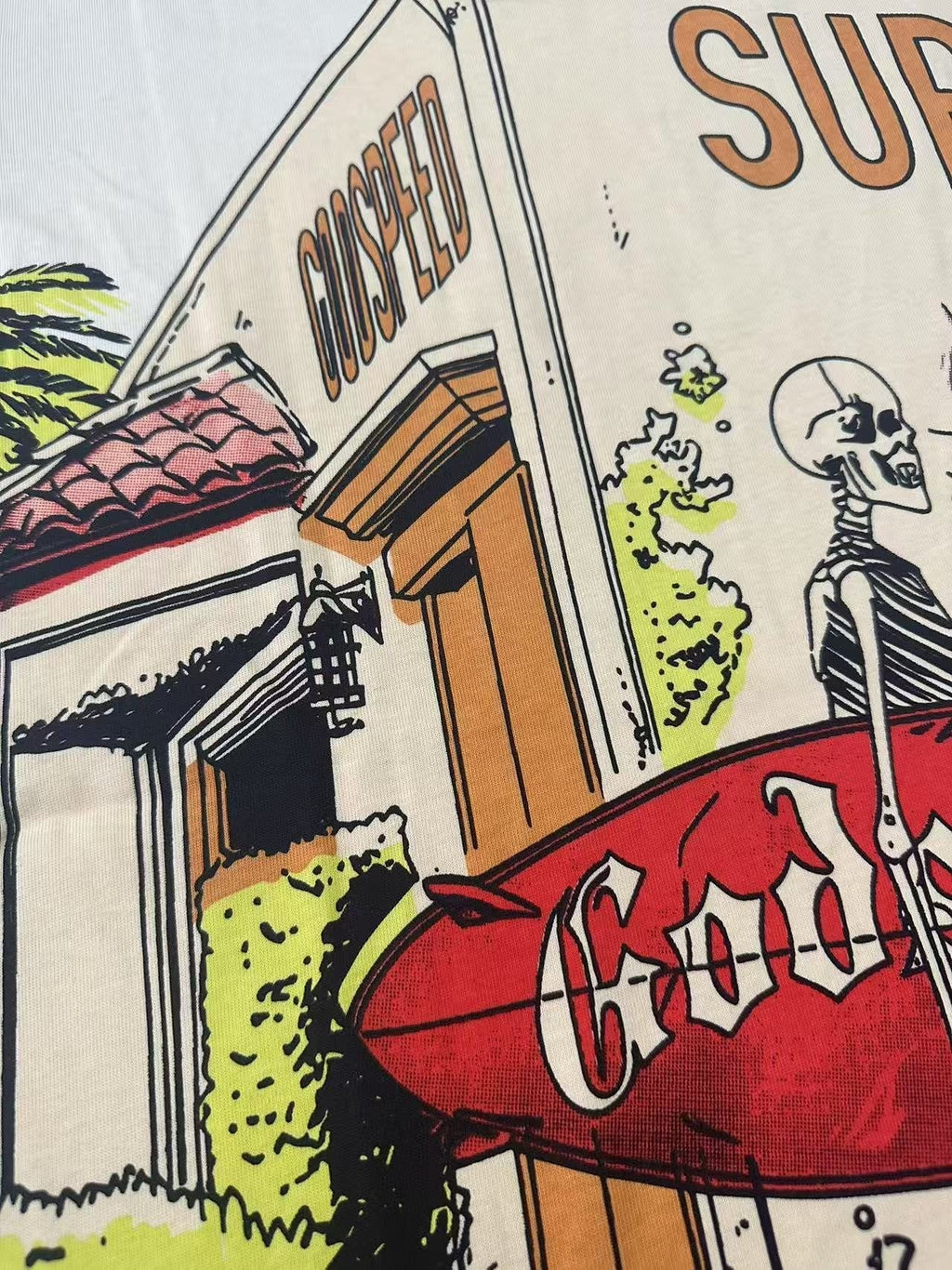 Godspeed Surfshop Street Scene Graphic T-Shirt — detail