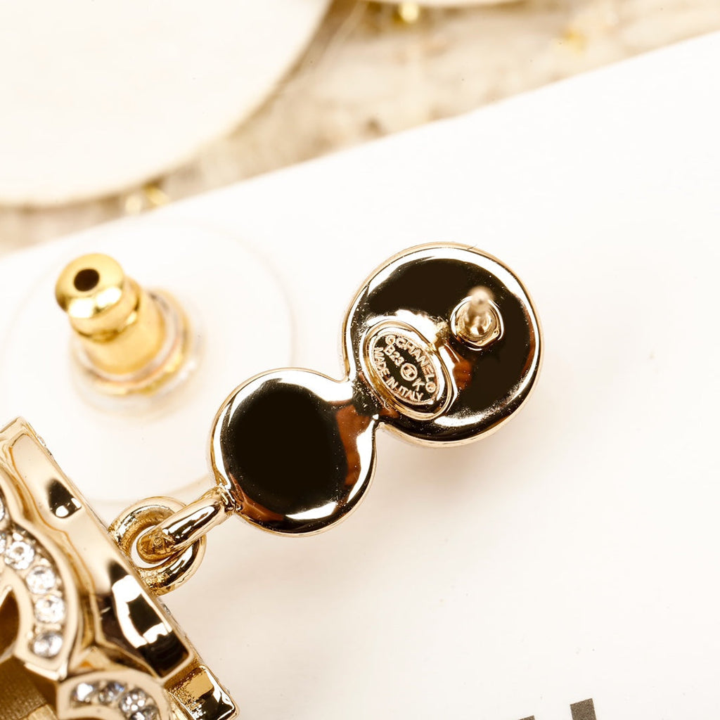 Chanel 23 Full Diamond Sieve Double C Gold Earrings